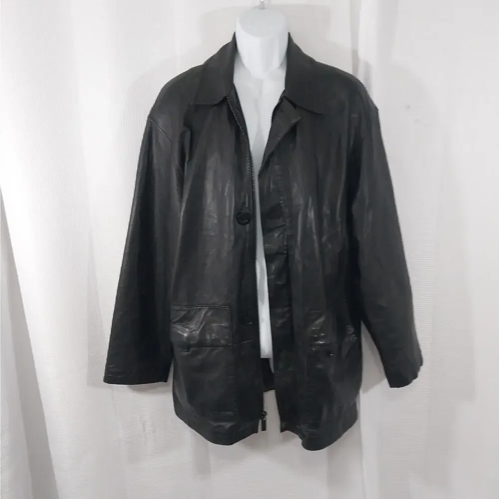 KENNETH COLE REACTION! BLACK GENUINE LAMB LEATHER STADIUM LENGTH COAT! SZ M